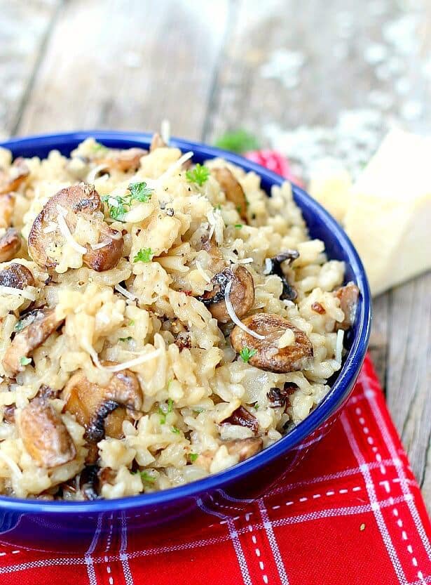 This is the perfect easy mushroom risotto recipe. Fool-proof simple, perfect meatless main dish or side. Company worthy, easily adapted for a vegan main dish as well.
