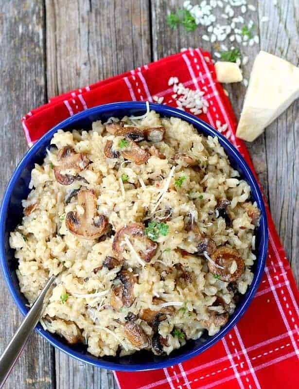 This is the perfect, easy mushroom risotto recipe. Fool-proof simple, perfect meatless main dish or side. Company worthy, easily adapted for a vegan main dish as well.