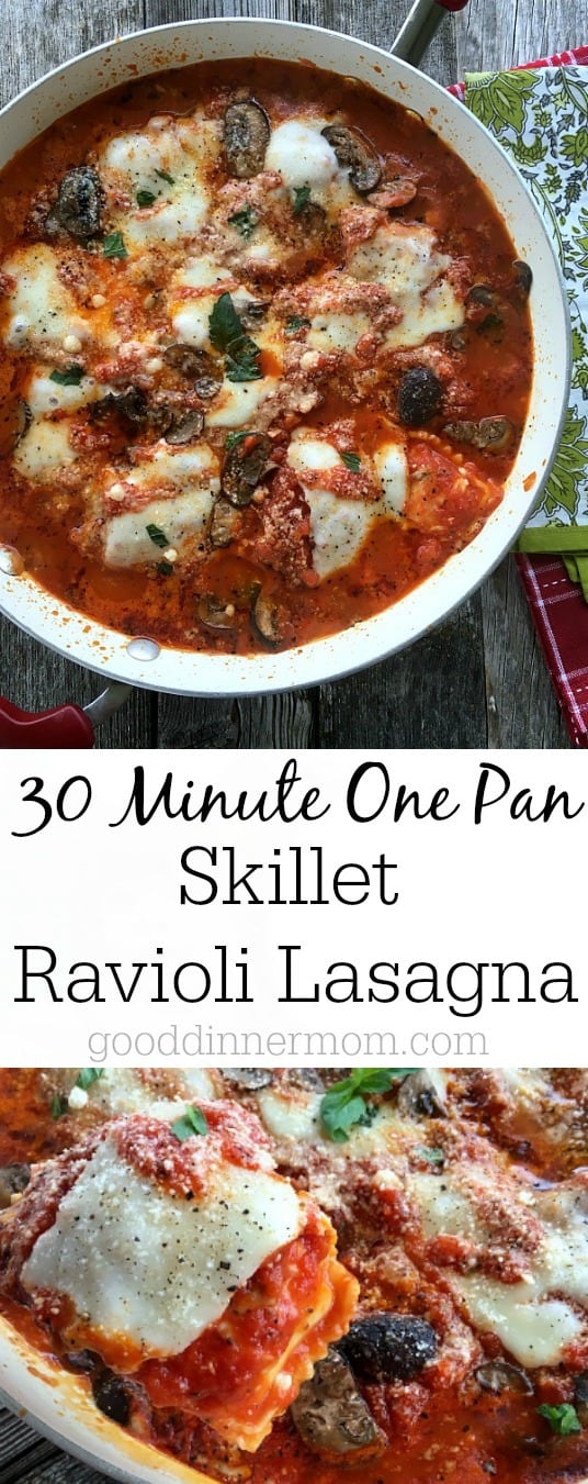 Skillet Ravioli Lasagna comes together in 30 minutes with slow-baked, hearty flavor. Vegetarian version and instructions for adding meat.