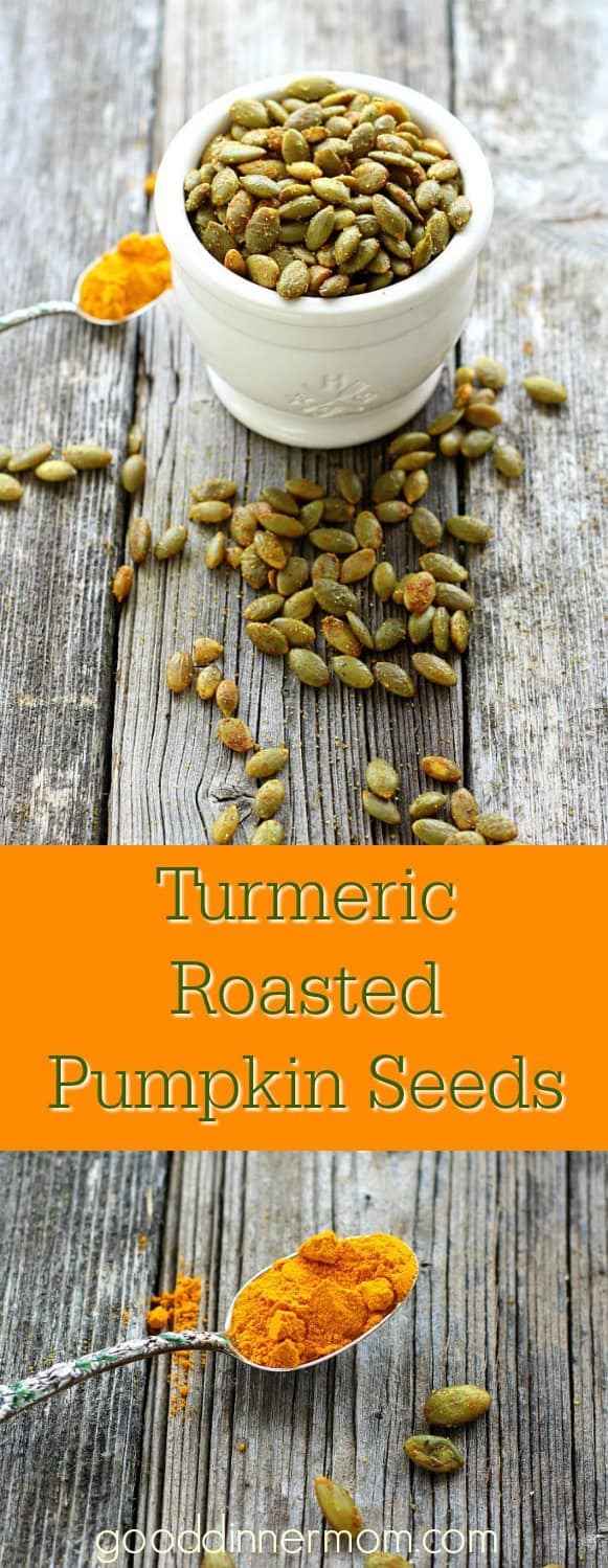 Turmeric Roasted Pumpkin Seeds. Start to finish in less than 10 minutes. Excellent in salads, over vegetables, or eat out of hand.